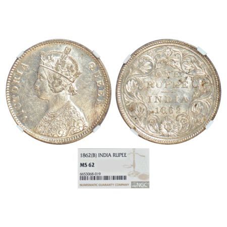 Victoria Queen , silver rupee, 1862, Bombay mint, A/II/0/6, without initial J, PR 86. NGC 