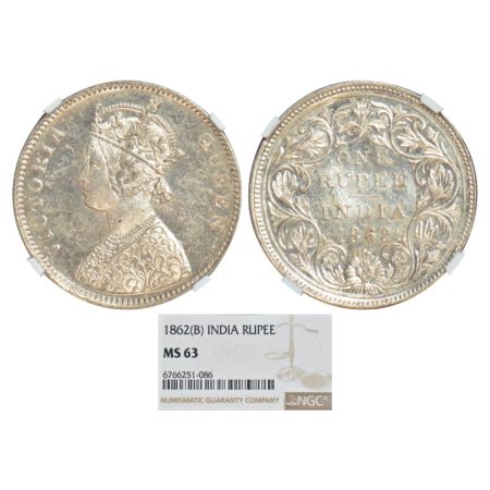 Victoria Queen, silver rupee, 1862, Bombay mint, A/II/0/7, without initial J, PR 87. NGC g