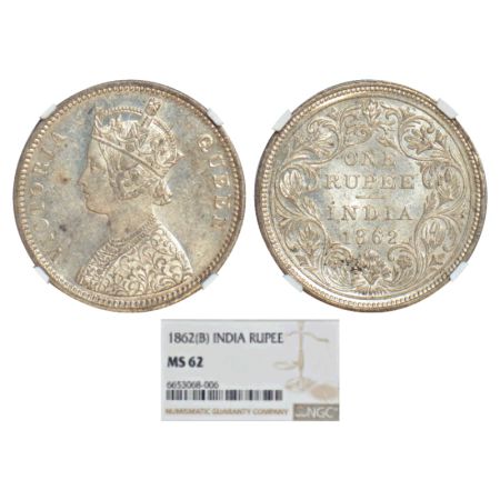 Victoria Queen, silver rupee, 1862, Bombay mint, A/II/0/7, without initial J, PR 87. NGC g