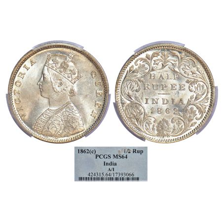 Victoria Queen, silver ½ rupee, 1862, Calcutta mint, C/II, L.C. Wyon's design on obverse, 