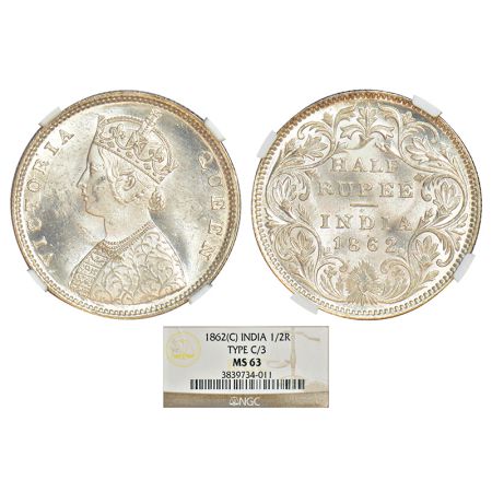 Victoria Queen, silver ½ rupee, 1862, Calcutta mint, C/II, L.C. Wyon's design on obverse, 