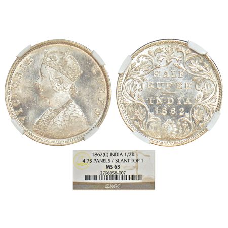 Victoria Queen, silver ½ rupee, 1862, Calcutta mint, C/II, L.C. Wyon's design on obverse, 
