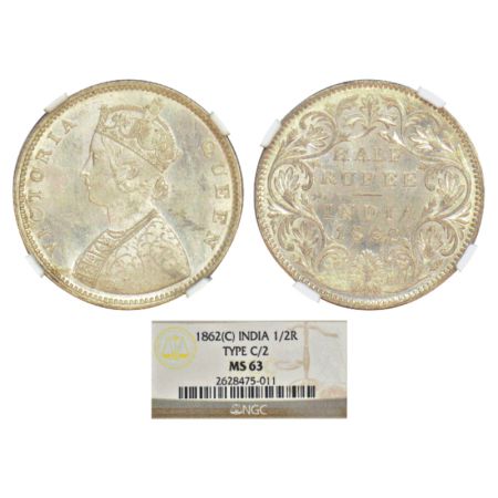 Victoria Queen, silver ½ rupee, 1862, Calcutta mint, C/II, L.C. Wyon's design on obverse, 
