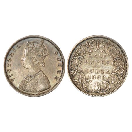 Victoria Queen, silver ½ rupee, 1862, Calcutta mint, C/II, L.C. Wyon's design on obverse, 