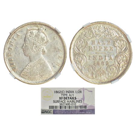 Victoria Queen, silver ½ rupee, 1862, Calcutta mint, A/I/'V' raised, PR 255; GK 370. NGC g