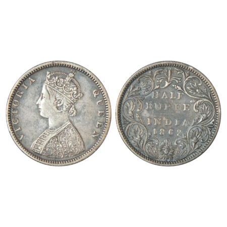 Victoria Queen, silver ½ rupee, 1862, Bombay mint, B1/II, round pearls in the crown, PR 25