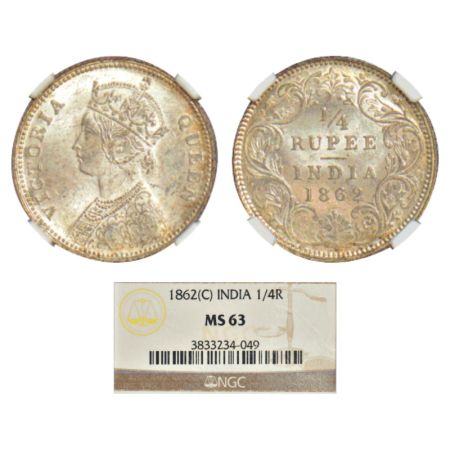 Victoria Queen, silver ¼ rupee, 1862, Calcutta mint, A/I, PR 376; GK 375. NGC graded MS63,