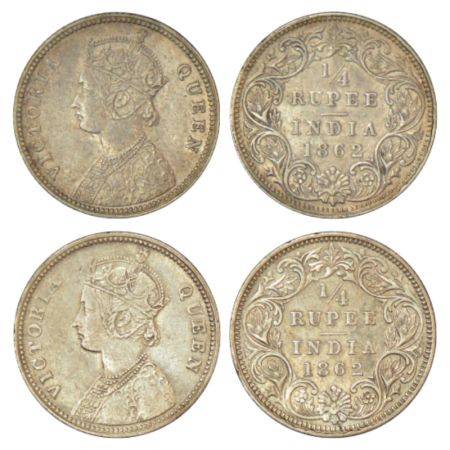 Victoria Queen, silver ¼ rupee (2), 1862, Calcutta mint, A/I, PR 376; GK 375, 2.90g each c