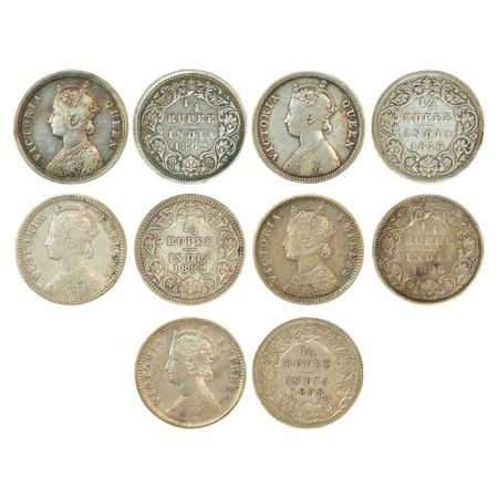 Victoria Queen and Empress, silver ¼ rupee (5), 1862, 1876, 1882 and 1898 (2). (5 coins) G