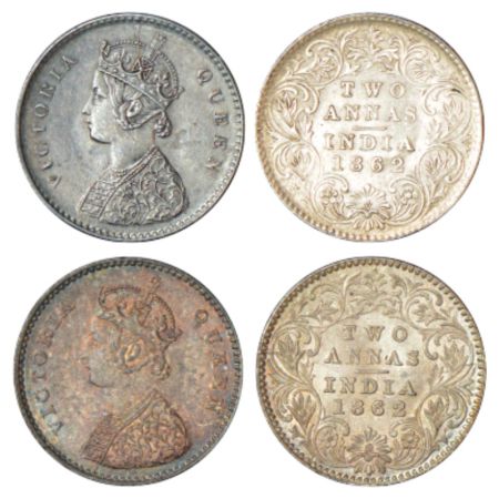 Victoria Queen, silver 2 annas (2), 1862, Calcutta mint, top three petals of the bottom or
