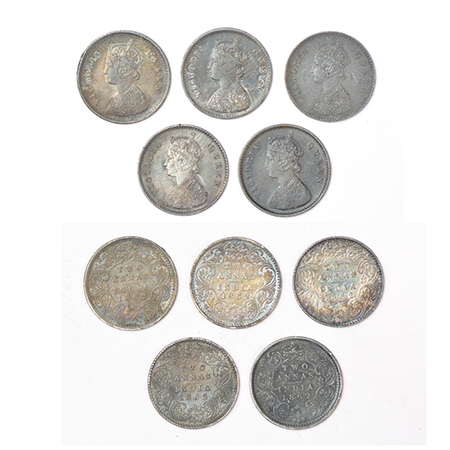 Victoria Queen, silver 2 annas (5), 1862, Bombay mint. (5 coins) Extremely fine to Uncircu