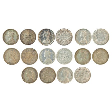 Victoria Queen and Empress, silver 2 annas (8), 1862 (3), 1874, 1875, 1893, 1894 and 1897.