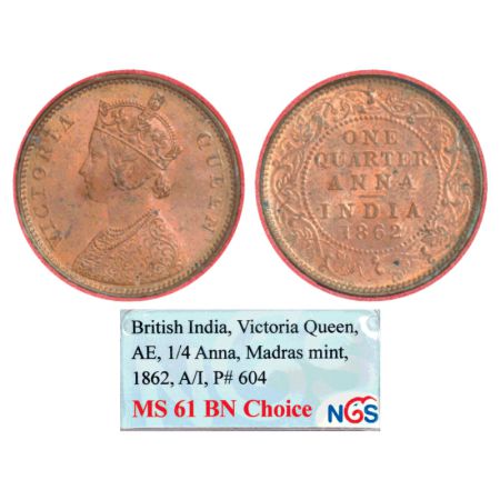 Victoria Queen, copper ¼ anna, 1862, Madras mint, no mint mark, PR 604; GK 399. NGS of Ind