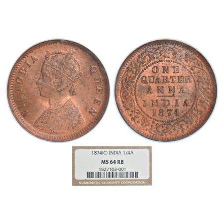 Victoria Queen, copper ¼ anna, 1874, Calcutta mint, B/II/no mm, PR 608, GK 823. NGC graded