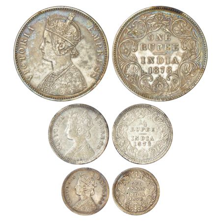 Victoria Empress, set of 3 silver coins, 1878, rupee, ¼ rupee and 2 annas. (3 coins) Fine 
