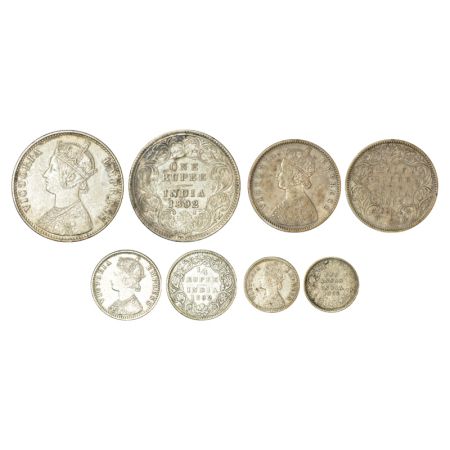 Victoria Empress, set of 4 silver coins, 1892, rupee, ½ rupee, ¼ rupee and 2 annas. (4 coi