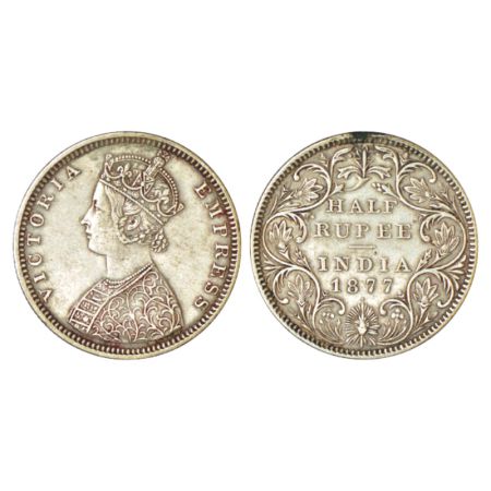 Victoria Empress, silver ½ rupee, 1877, Bombay mint, B2/II/dot, PR 288. 12o'clock edge kno