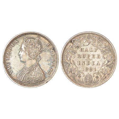 Victoria Empress, silver ½ rupee, 1881, Bombay mint, B2/II/dot, PR 289; GK 615. Adhesion o