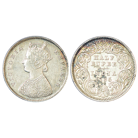 Victoria Empress, silver ½ rupee, 1885, Calcutta mint, A/I/C incused, PR 269. About uncirc