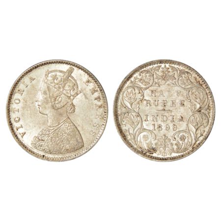 Victoria Empress, silver ½ rupee, 1899, Bombay mint, A/I/B incused (inverted), PR 307. Unc