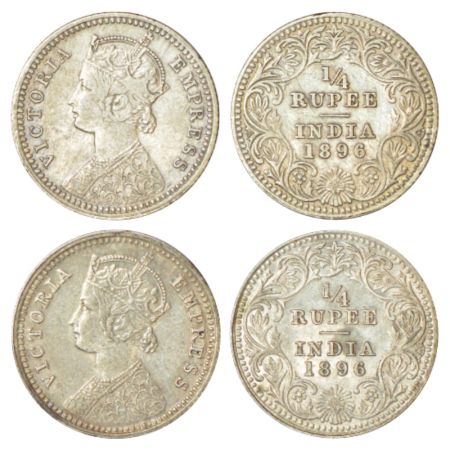 Victoria Empress, silver ¼ rupee (2), 1896, Calcutta mint, C/II/C incused, PR 400. (2 coin