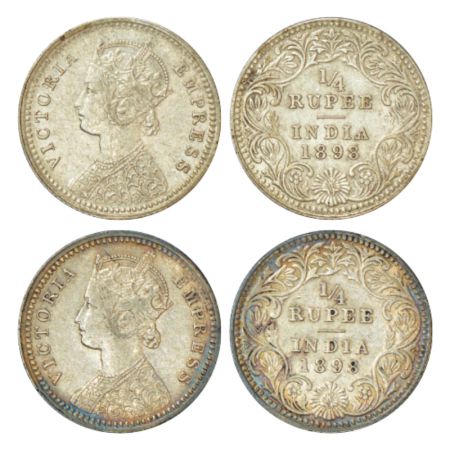 Victoria Empress, silver ¼ rupee (2), 1898, Calcutta mint, C/II/C incused; PR 402. (2 coin