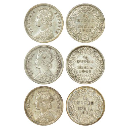 Victoria Empress, silver ¼ rupee (3), 1901, Calcutta mint, C/II/C incused, PR 404. (3 coin