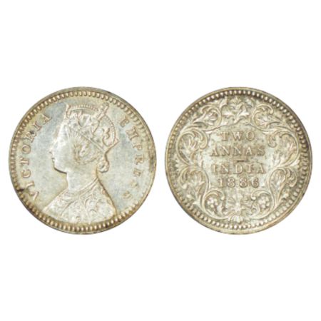 Victoria Empress, silver 2 annas, 1886, Calcutta mint, B/II/C incused, PR 501 About uncirc