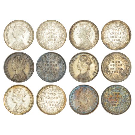 Victoria Empress, silver 2 annas (6), 2x 1888, 1x 1900 and 3x 1901.(6 coins), Very fine to