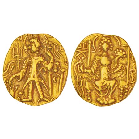 Kushans, gold dinar of Vasudeva II (c.275-300 AD), Goebl 576, 7.71g. Obv: Crowned, diademe