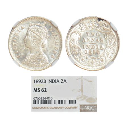 Victoria Empress, silver 2 annas, 1892, Bombay mint, B/II, PR 547. NGC graded MS 62, Rare.