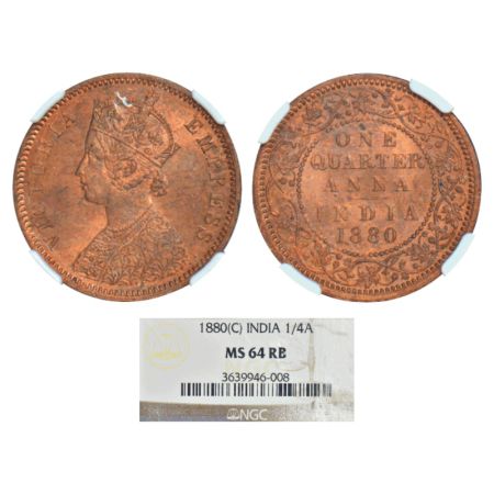 Victoria Empress, copper ¼ anna, 1880, Calcutta mint, B/II, PR 614; GK 832-833. NGC graded