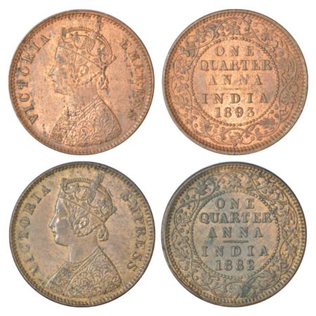 Victoria Empress, copper ¼ anna (2), 1882 and 1893, Calcutta mint. (2 coins) Uncirculated,