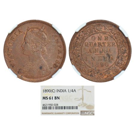 Victoria Empress, copper ¼ anna, 1890, Calcutta mint, B/II/no mm, PR 623; GK 849. NGC grad