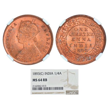 Victoria Empress, copper ¼ anna, 1893, Calcutta mint, B/II/no mm, PR 626; GK 852. NGC grad