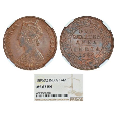 Victoria Empress, copper ¼ anna, 1896, Calcutta mint, B/II/no mint mark, PR 629, GK 855. N