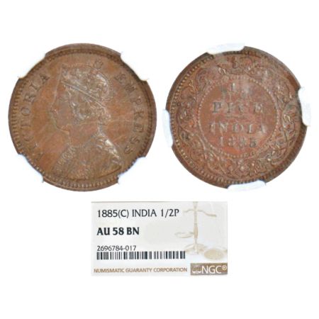 Victoria Empress, copper ½ pice, 1885, Calcutta mint, A/I/C incused, GK 862. NGC graded AU