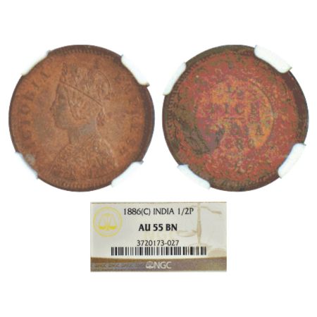 Victoria Empress, copper ½ pice, 1886, Calcutta mint, A/I/no mint mark, PR 718, GK 865. NG