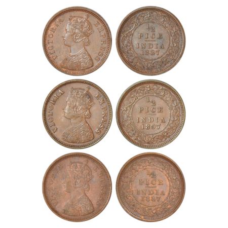 Victoria Empress, copper ½ pice (3), 1887 (2) and 1897, Calcutta mint. (3 coins) Uncircula