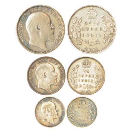 Edward VII, set of 3 silver coins, 1905, ½ rupee, ¼ rupee and 2 annas, Calcutta mint. (3 c