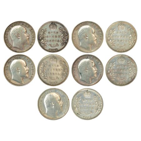Edward VII, silver ½ rupee (5), 1907, 4x Bombay mint and 1x Calcutta mint. (5 coins) Very 