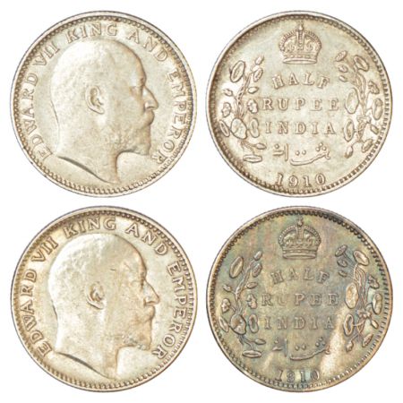 Edward VII, silver ½ rupee (2), 1910, Bombay mint, 'B' incused, dot and Calcutta mint, no 