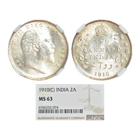 Edward VII, silver 2 annas, 1910, Calcutta mint, no mm, PR 563; GK 987. NGC graded MS 63, 