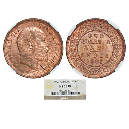 Edward VII, copper ¼ anna, 1903, Calcutta mint, no mint mark, PR 646, GK 994. NGC graded M