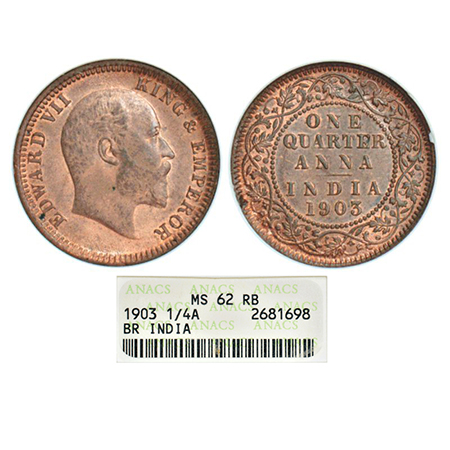 Edward VII, copper ¼ anna, 1903, Calcutta mint, no mint mark, PR 646; GK 994. ANACS graded