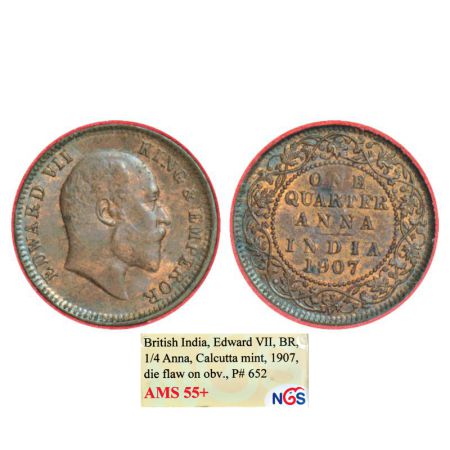Edward VII, copper ¼ anna, 1907, Calcutta mint, no mint mark, PR 652; GK 999. NGS of India