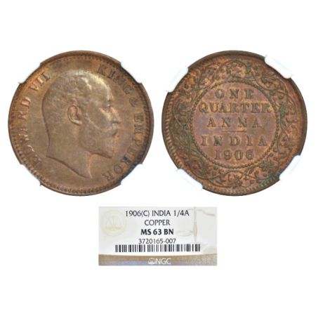 Edward VII, copper ¼ anna, 1906, Calcutta mint, no mint mark, PR 650, GK 997. NGC graded M
