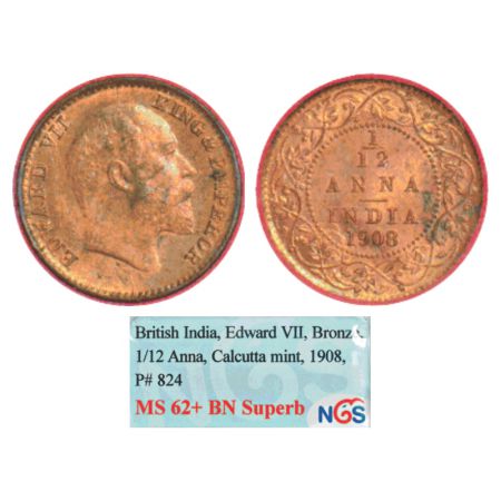 Edward VII, bronze 1/12 anna, 1908, Calcutta mint, no mint mark, PR 824, GK 1018. NGS of I