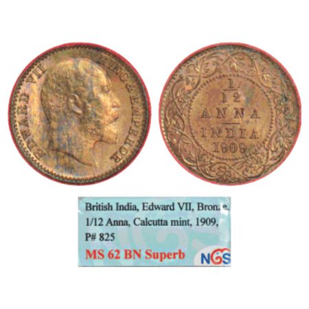 Edward VII, bronze 1/12 anna, 1909, Calcutta mint, no mint mark, PR 825, GK 1019. NGS of I