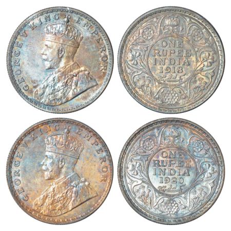 George V, silver rupee (2), 1918 and 1920, Bombay mint, dot, GK 1038 and 1040. (2 coins) R